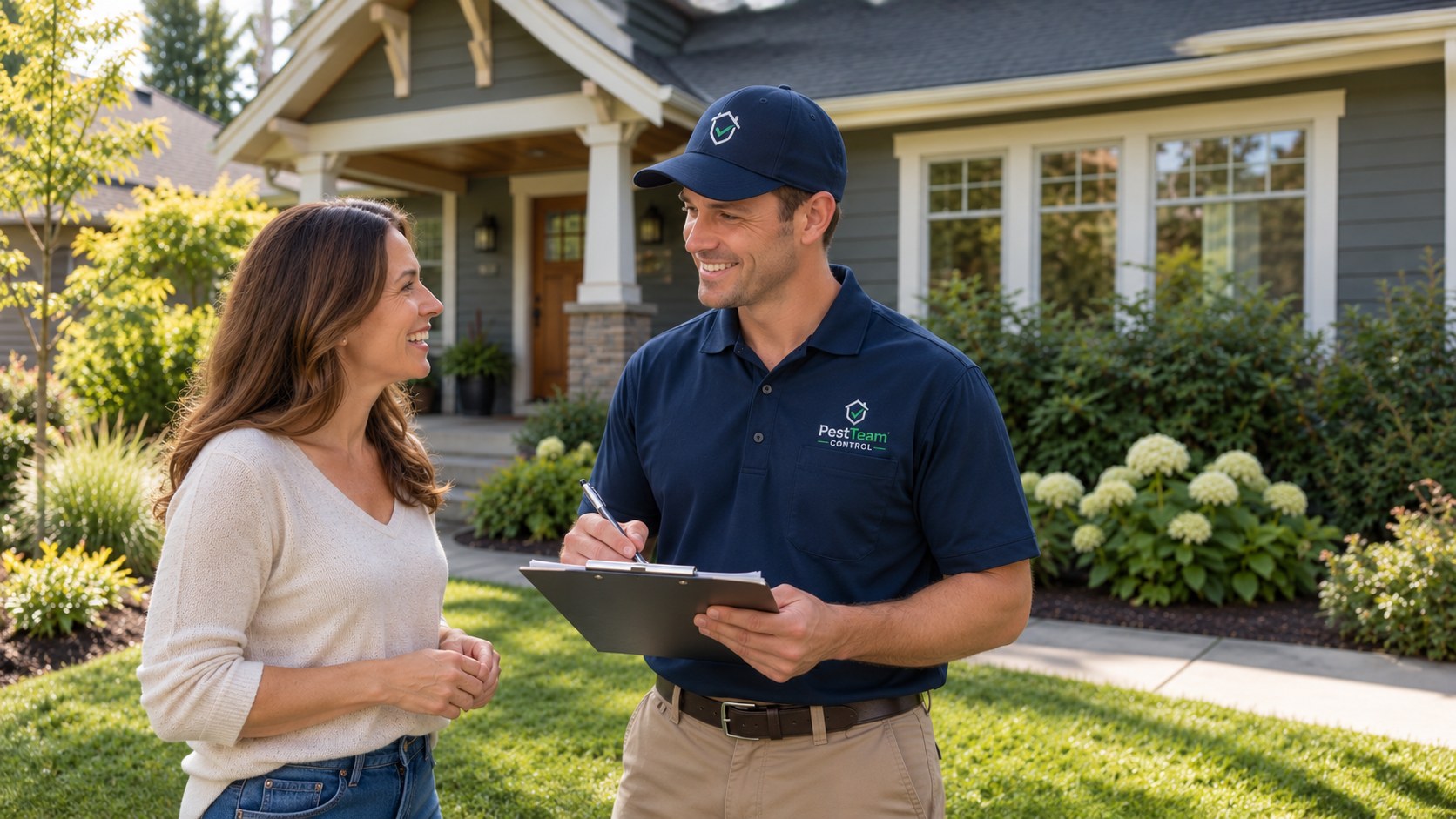 PestTeam technician talking with a homeowner on her front lawn